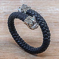Men's sterling silver and braided leather cuff bracelet, 'Twin Samsi' - Cultural Men's Sterling Silver and Leather Bracelet