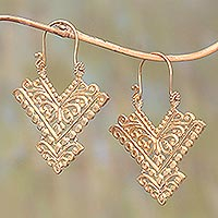 Gold plated drop earrings, 'Glamorous Pura' - Pointed 18k Gold Plated Brass Drop Earrings from Bali