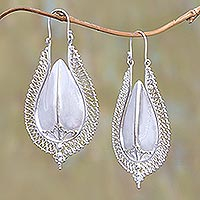 Sterling silver plated drop earrings, 'Suku Shield' - Gleaming Sterling Silver Plated Drop Earrings from Bali