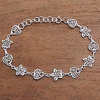 Sterling silver filigree link bracelet, 'Hearts and Stars' - Star and Heart Sterling Silver Filigree Link Bracelet