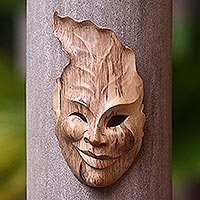 Wood mask, 'Leaf Head' - Hand-Carved Hibiscus Wood Wall Mask from Indonesia