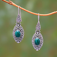 Malachite dangle earrings, 'Precious Canoes' - Natural Malachite Dangle Earrings from Bali