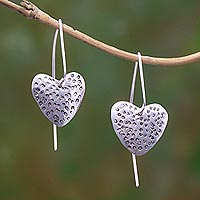 Sterling silver drop earrings, 'Speckled Hearts' - Sterling Silver heart Drop Earrings from Bali