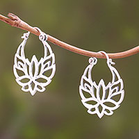 Sterling silver hoop earrings, 'Elegant Padma' (1 inch) - Sterling Silver Lotus Flower Hoop Earrings (1 inch)