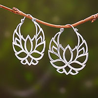 Sterling silver hoop earrings, 'Elegant Padma' (1.5 inch) - Sterling Silver Lotus Flower Hoop Earrings (1.5 inch)