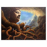 'The Root of Beauty-Borobudur' (2016) - Signed Buddha-Themed Surrealist Painting from Java (2016)