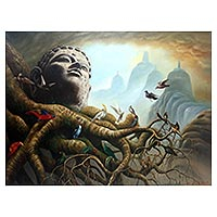 'Tweet About Peace' (2016) - Buddha-Themed Signed Surrealist Painting from Java (2016)