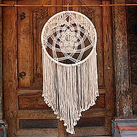 Cotton wall hanging, 'Dream Knot' - Circular Cotton Wall Hanging in Antique White from Bali