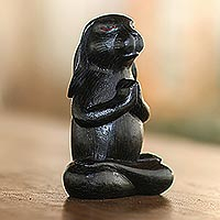 Wood sculpture, 'Praying Rabbit in Black' - Signed Wood Sculpture of a Praying Rabbit in Black