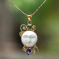 Gold plated amethyst and peridot pendant necklace, 'Round Moon' - Gold Plated Amethyst and Peridot Pendant Necklace from Bali