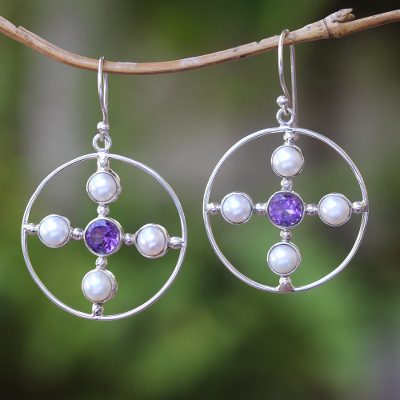 Cultured pearl and amethyst dangle earrings, Glowing Orbit