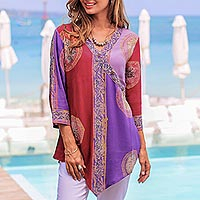 Rayon tunic, 'Color Symphony in Purple' - Red and Purple Hand Batik Textured Rayon Flowing Tunic