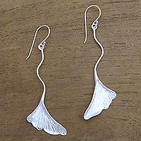 Sterling silver dangle earrings, 'Ginko Leaves' - Ginko Leaf Sterling Silver Dangle Earrings from Bali
