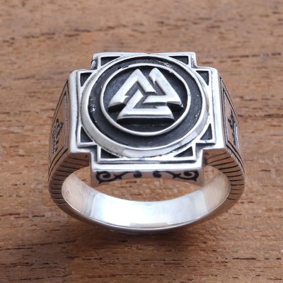 Mens sterling silver signet ring, Bold Valknut