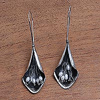 Cultured pearl drop earrings, 'Dark Blooms' - Modern Floral Cultured Pearl Drop Earrings from Bali