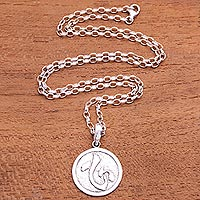 Men's sterling silver pendant necklace, 'Kokoro Coin' - Japanese Symbol Men's Sterling Silver Pendant Necklace