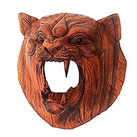 Wood mask, 'Courageous Lion' - Hand Carved Suar Wood Lion Wall Mask from Bali