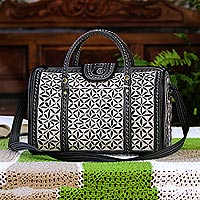 Cotton travel bag, 'Samosir Beauty' - Cotton Travel Bag with Antique White Aceh Embroidery