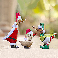 Bamboo root sculptures, 'Santa's Team' - Set of 3 Bamboo Root and Wood Christmas Accents from Bali