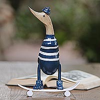Wood and bamboo root sculpture, 'Skateboard Duck' - Acacia Wood and Bamboo Root Skateboarder Duck Sculpture