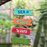 Wood wall sign, 'Beach House' - Beach-Themed Distressed Wood Wall Sign from Bali