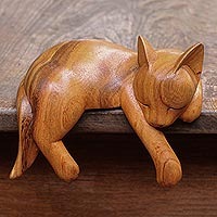 Natural Finish Suar Wood Sleeping Cat Sculpture from Bali,'Snoozing Cat'