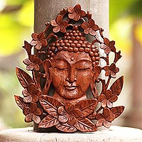 Wood relief panel, 'Flowery Buddha' - Floral Buddha-Themed Suar Wood Relief Panel from Bali