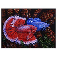 'A Couple of Mature Betta Fish' - Signed Painting of Red and Blue Betta Fish from Bali