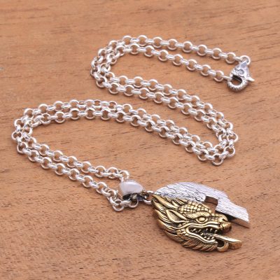 Mens sterling silver and brass pendant necklace, Gladiator Dragon