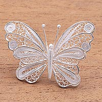 Sterling silver filigree brooch pin, 'Mesmerizing Butterfly' - Butterfly Brooch Crafted from Sterling Silver Filigree