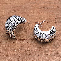 Sterling silver half-hoop earrings, 'Suspended Leaves' - Leaf Motif Sterling Silver Half-Hoop Earrings from Bali