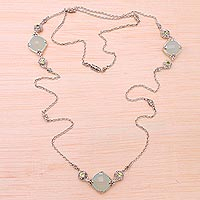 Chalcedony and peridot long station necklace, 'Buddha Gems' - Chalcedony and Peridot Long Station Necklace from Bali