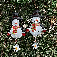Steel ornaments, 'Snowman Delight' (pair) - Handcrafted Steel Snowman Ornaments from Bali (Pair)