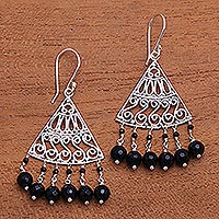 Onyx chandelier earrings, 'Spiral Fascination'