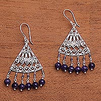 Amethyst chandelier earrings, 'Spiral Fascination' - Spiral Pattern Amethyst Chandelier Earrings from Bali