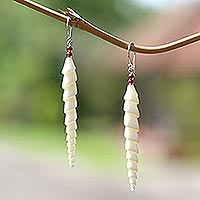 Bone and cultured pearl dangle earrings, 'Mystical Spirals' - Spiral Bone and Amethyst Dangle Earrings from Bali