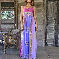 Batik rayon sundress, 'Primavera' - Fuchsia and Purple Batik Rayon Sundress from Bali