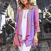 Batik rayon kimono jacket, 'Primavera' - Fuchsia and Purple Batik Rayon Kimono Jacket from Bali