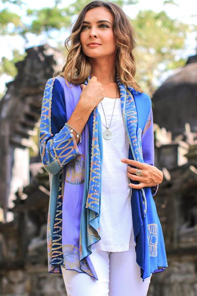 Batik rayon kimono jacket, 'Balinese Waters' - Blue Batik Rayon Kimono Jacket from Bali