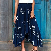 Rayon batik hi-low skirt, 'Midnight Fall' - Batik Rayon Skirt in Midnight and White from Bali