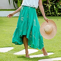 Batik Rayon Skirt in Turquoise and Lemon from Bali,'Balinese Breeze in Turquoise'