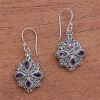 Amethyst dangle earrings, 'Elegant Petals' - Amethyst and Sterling Silver Flower Motif Dangle Earrings