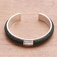 Sterling silver and leather cuff bracelet, 'Sunny Grass' - Sterling Silver and Green Leather Cuff Bracelet from Bali