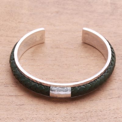 Sterling silver and leather cuff bracelet, Sunny Grass