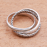 Sterling silver band ring, 'Appealing Trio' - Combination Pattern Sterling Silver Band Ring from Bali