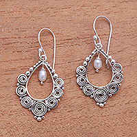 Cultured pearl dangle earrings, 'Spiral Vision' - Spiral Pattern Cultured Pearl Dangle Earrings from Bali