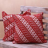 Batik cotton cushion covers, 'Crimson Parang' (pair) - Parang Motif Batik Cotton Cushion Covers from Java (Pair)