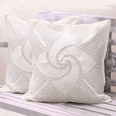 Cotton cushion covers, 'Big Windmill' (pair) - Spiral Pattern White Cotton Cushion Covers from Bali (Pair)