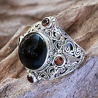 Onyx and garnet cocktail ring, 'Regal Blessing' - Onyx and Garnet Cocktail Ring Crafted in Bali