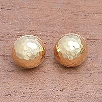 Gold plated sterling silver button earrings, 'Hammered Domes' - Domed Gold Plated Sterling Silver Button Earrings from Bali